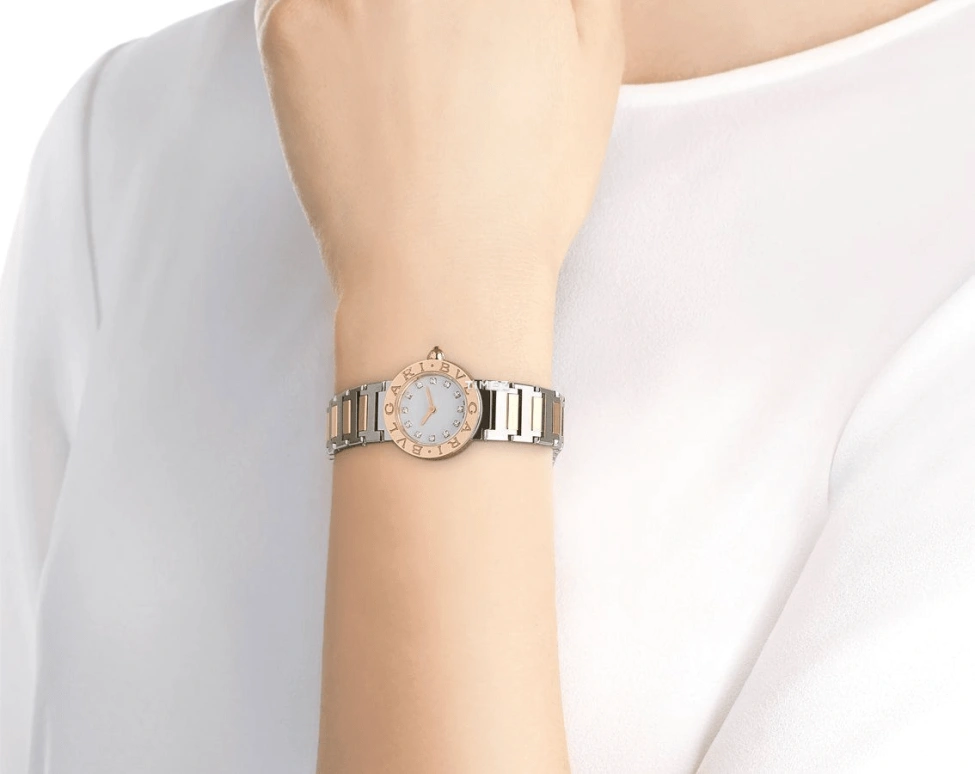 Bulgari,Bulgari Bulgari 23mm,23mm,Stainless Steel,Rose Gold,White,Automatic,Sapphire,Crystal Glass,Round,102970