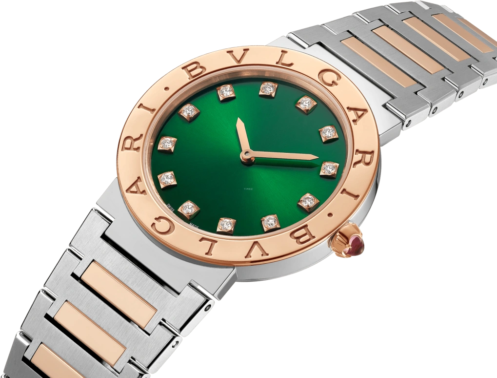 Bulgari,Bulgari Bulgari 33mm,33mm,Stainless Steel,Rose Gold,Green,Rose Gold,Diamonds,103202