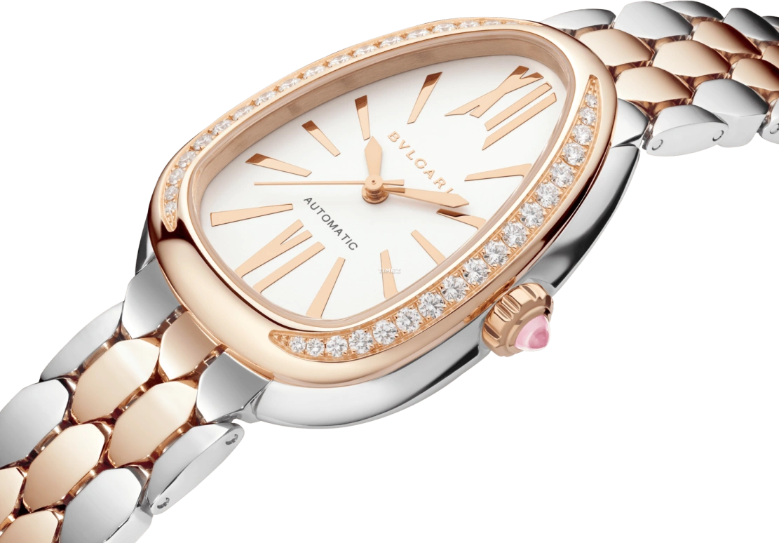 Bulgari,Serpenti Seduttori 34mm,34mm,Rose Gold,Stainless Steel,White,Automatic,50hours,In-house Caliber,104058