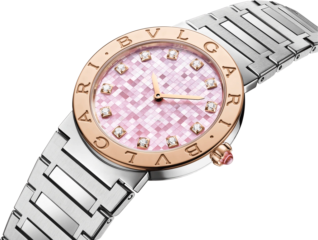 Bulgari,Bulgari Bulgari 33mm,33mm,Stainless Steel,Rose Gold,Pink,Quartz,In-house Caliber,Sapphire,104319