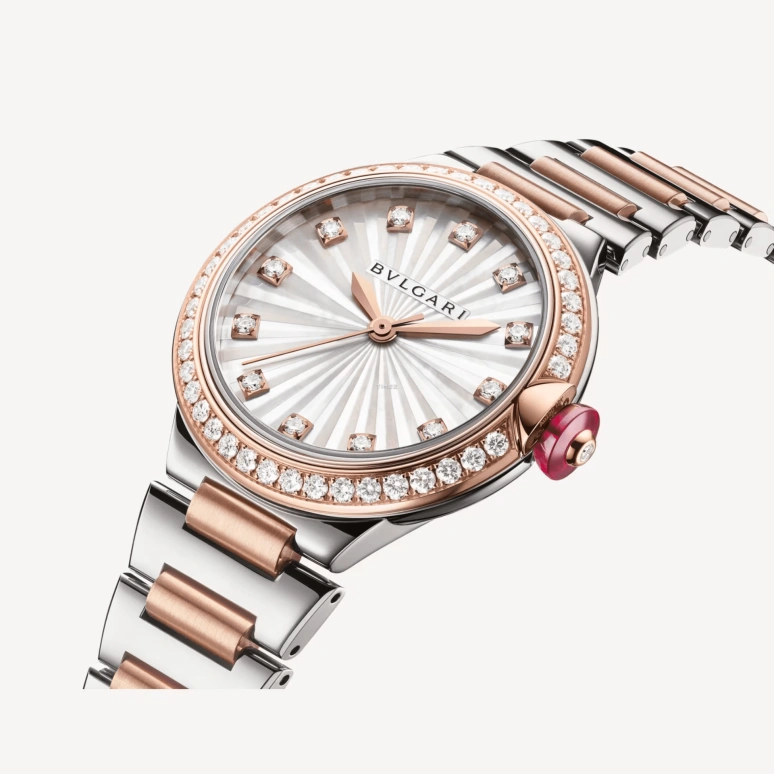Bulgari,Lvcea 33mm,33mm,Stainless Steel,Rose Gold,Silver White,Automatic,Sapphire,Crystal Glass,Round,103825