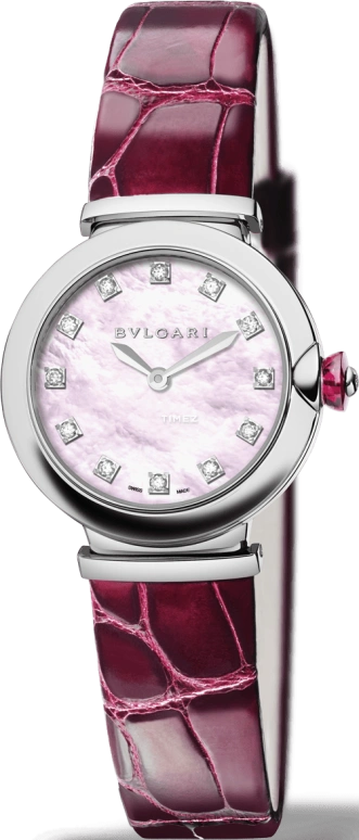 Bulgari,Lvcea 28mm,28mm,Stainless Steel,Pink Red,Red,Sapphire,Crystal Glass,Mother of Pearl,Diamonds,102608