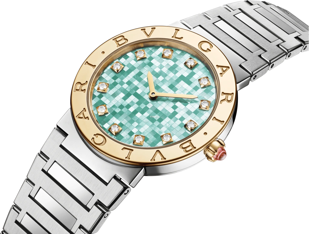 Bulgari,Bulgari Bulgari 33mm,33mm,Stainless Steel,Yellow Gold,Green,Quartz,In-house Caliber,Sapphire,104320