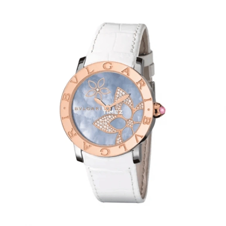 Bulgari,Other 33mm,33mm,Stainless Steel,Rose Gold,Blue,Automatic,Sapphire,Crystal Glass,Round,101896