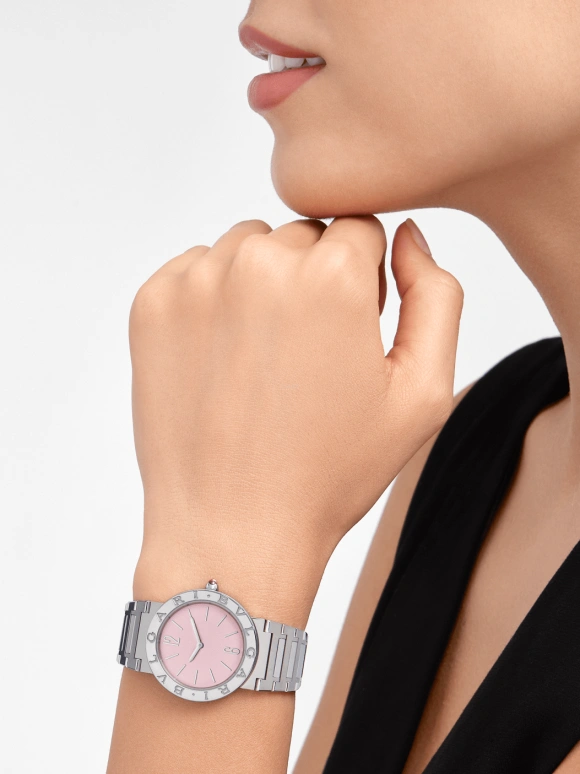 Bulgari,Bulgari Bulgari 33mm,33mm,Stainless Steel,Silver,Pink,Sapphire,Crystal Glass,Setting,103711