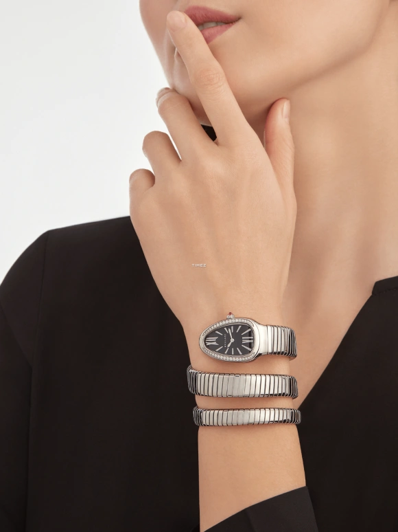 Bulgari,Serpenti 35mm,35mm,Stainless Steel,Black,Quartz,Silver,Diamonds,103433