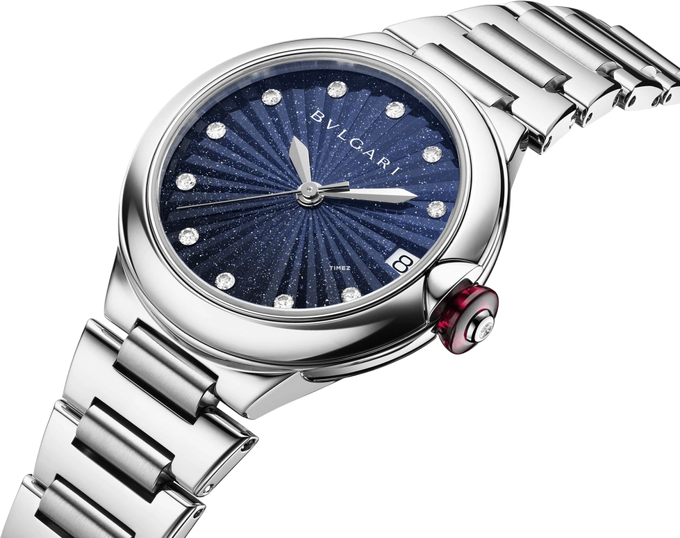Bulgari,Lvcea 33mm,33mm,Stainless Steel,Blue,Automatic,Day,Sapphire,Crystal Glass,104198