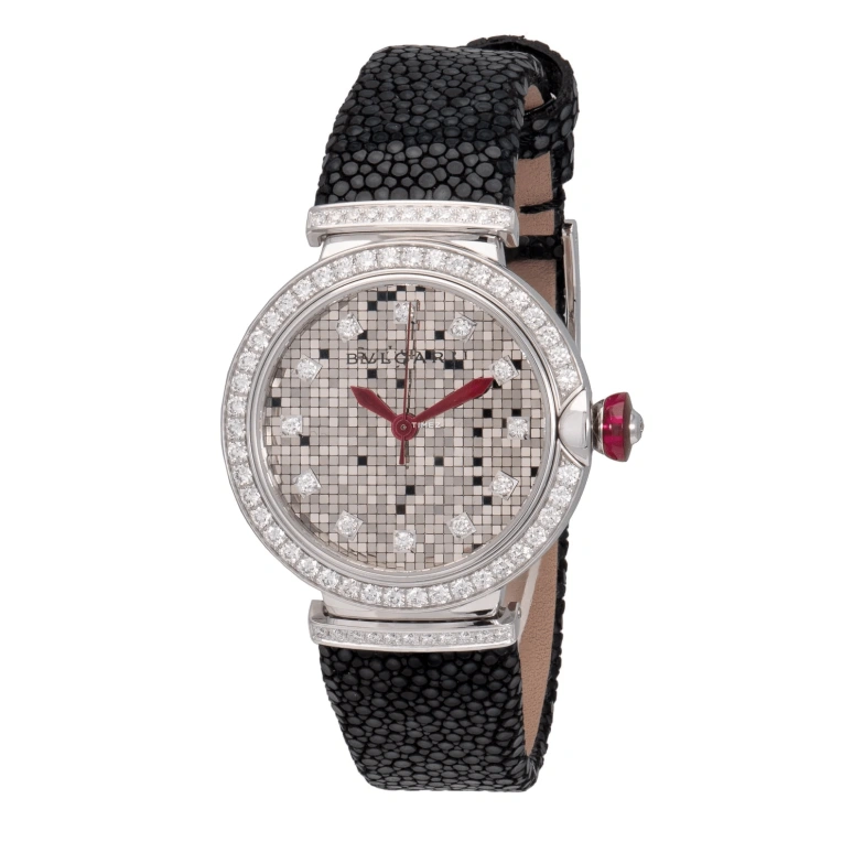 Bulgari,Lvcea 33mm,33mm,White Gold,Silver,Automatic,Sapphire,Crystal Glass,Round,102830