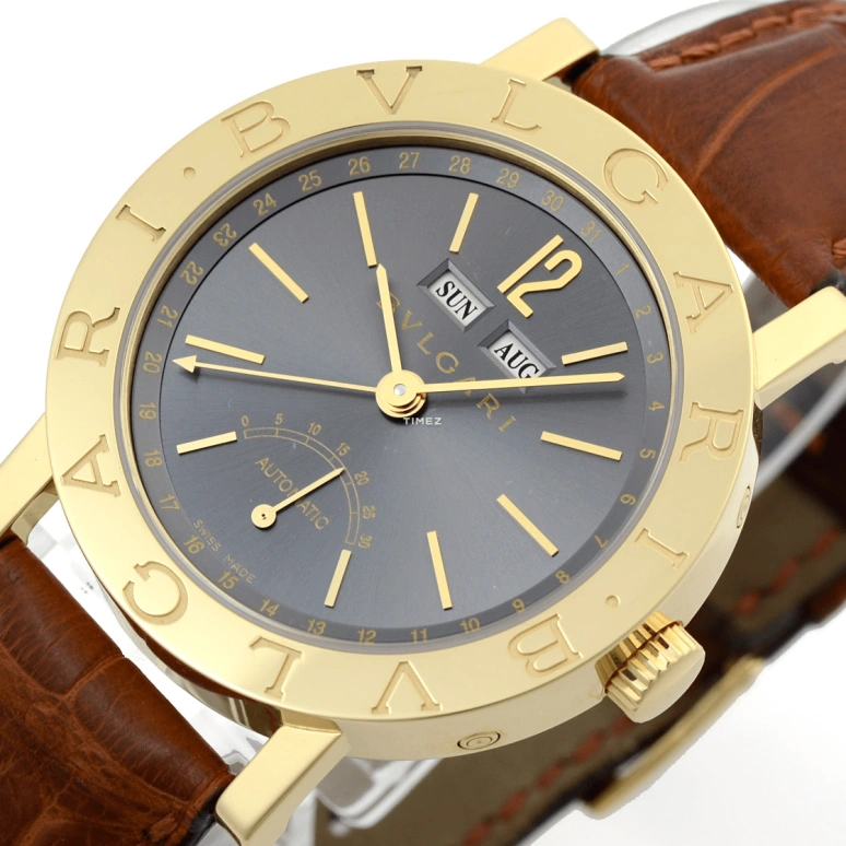 Bulgari,Bulgari Bulgari 38mm,38mm,Yellow Gold,Grey,Automatic,Month,Date,Day,Power Reserve Indicator,Sapphire,Crystal Glass,Round,BB38GLSR,BB38GLSR/C5
