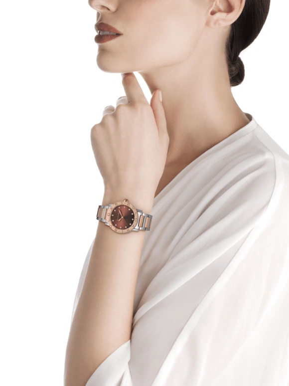 Bulgari,Bulgari Bulgari 33mm,33mm,Stainless Steel,Rose Gold,Coffee,Brown,Automatic,42hours,In-house Caliber,102157