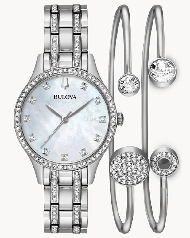 Bulova,Crystal 32mm,32mm,Stainless Steel,White,Quartz,Hardlex,Round,96X145