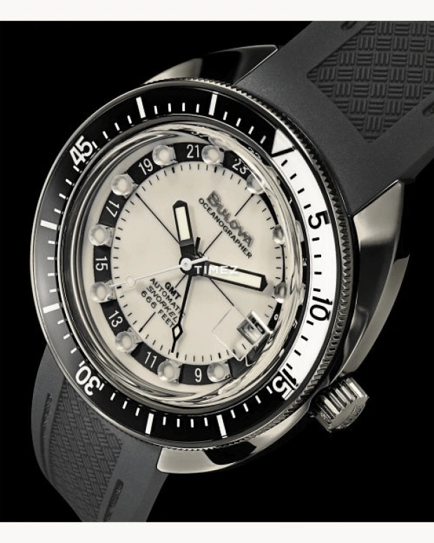 Bulova,Oceanographer 41mm,41mm,Stainless Steel,White,Automatic,Day,Dule Time,GMT,98B407