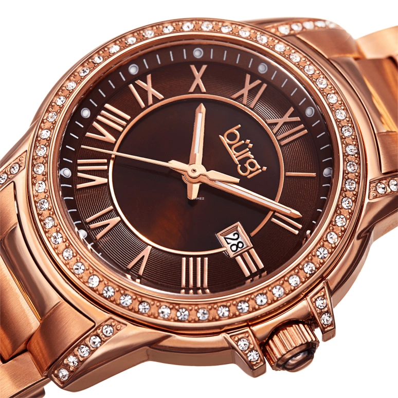 Burgi,Other 33mm,33mm,Stainless Steel,Brown,Quartz,Day,Mineral,BUR168RGBR