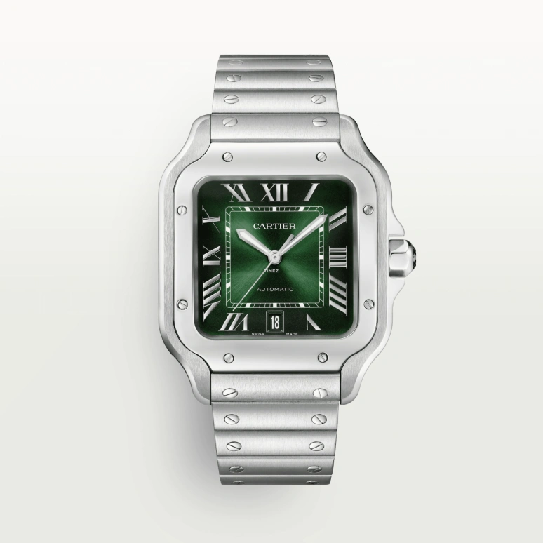 Cartier,Santos de Cartier 39.80mm,39.80mm,Stainless Steel,Gradient,Green,Automatic,Day,Sapphire,Crystal Glass,WSSA0062