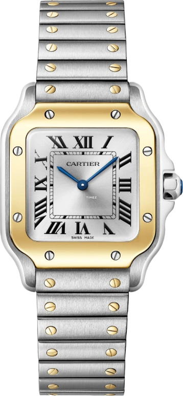 Cartier,Santos de Cartier 34.50x27mm,34.50x27mm,Stainless Steel,Yellow Gold,Silver,Quartz,Sapphire,Crystal Glass,Square,W2SA0033