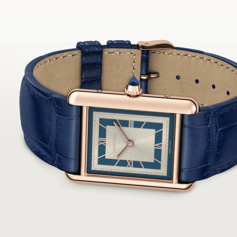 Cartier,Tank 33.70x25.50mm,33.70x25.50mm,Rose Gold,Blue,Handwound,38hours,In-house Caliber,WGTA0058