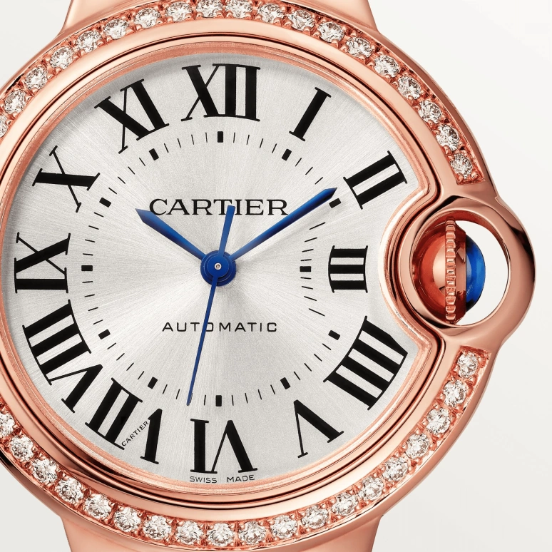 Cartier,Ballon Bleu de Cartier 33mm,33mm,Rose Gold,Silver,Automatic,Sapphire,Crystal Glass,Round,WJBB0063