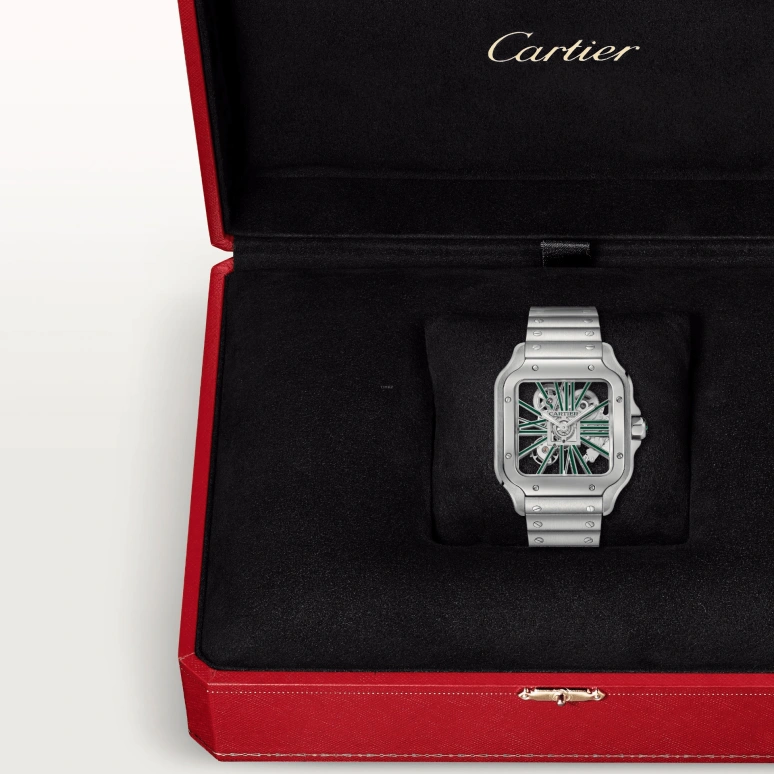 Cartier,Santos de Cartier 39.80mm,39.80mm,Stainless Steel,Silver,Green,Handwound,72hours,In-house Caliber,WHSA0028