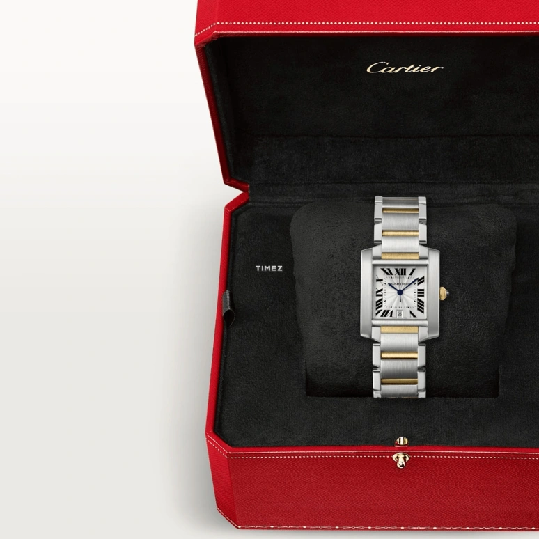 Cartier,Tank 36.50x28.15mm,36.50x28.15mm,Stainless Steel,Yellow Gold,Silver,Automatic,Day,Sapphire,Crystal Glass,W51005Q4