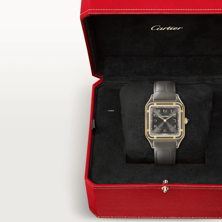 Cartier,Santos de Cartier 43.50x31.40mm,43.50x31.40mm,Yellow Gold,Grey,Handwound,36hours,In-house Caliber,WGSA0097