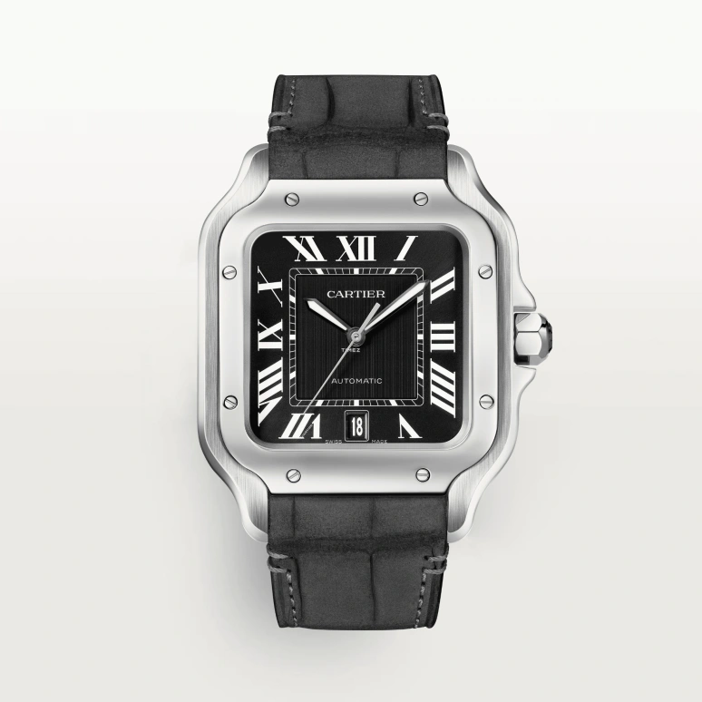 Cartier,Santos de Cartier 39.80mm,39.80mm,Stainless Steel,Black,Automatic,42hours,In-house Caliber,WSSA0096