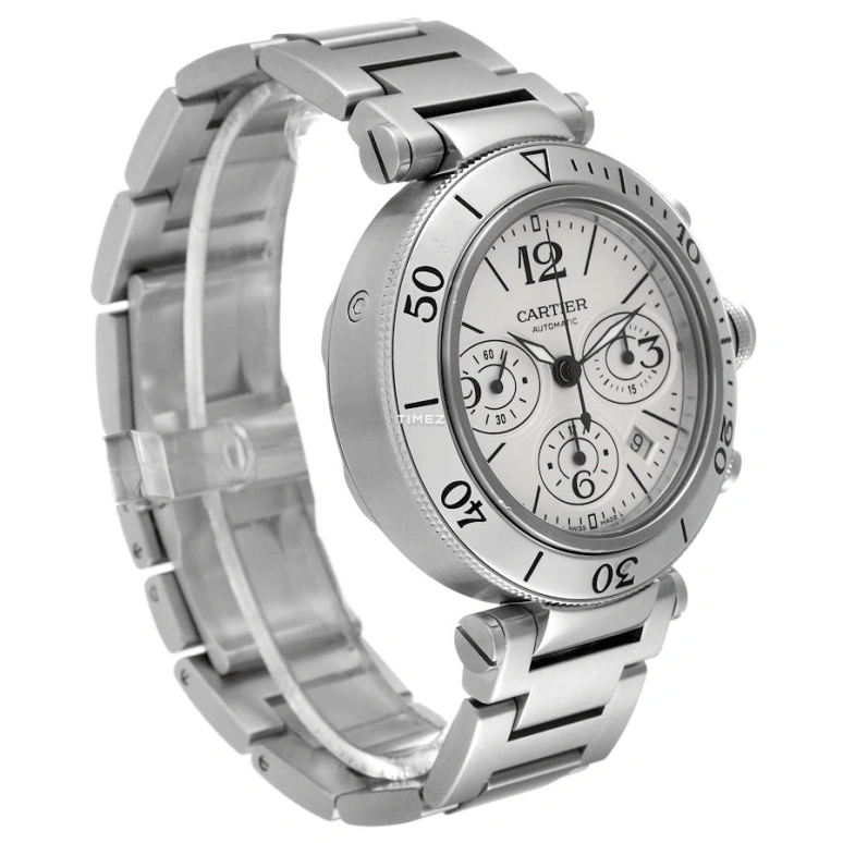 Cartier,Pasha de Cartier 42mm,42mm,Stainless Steel,White,Automatic,Chronograph,Day,W31089M7