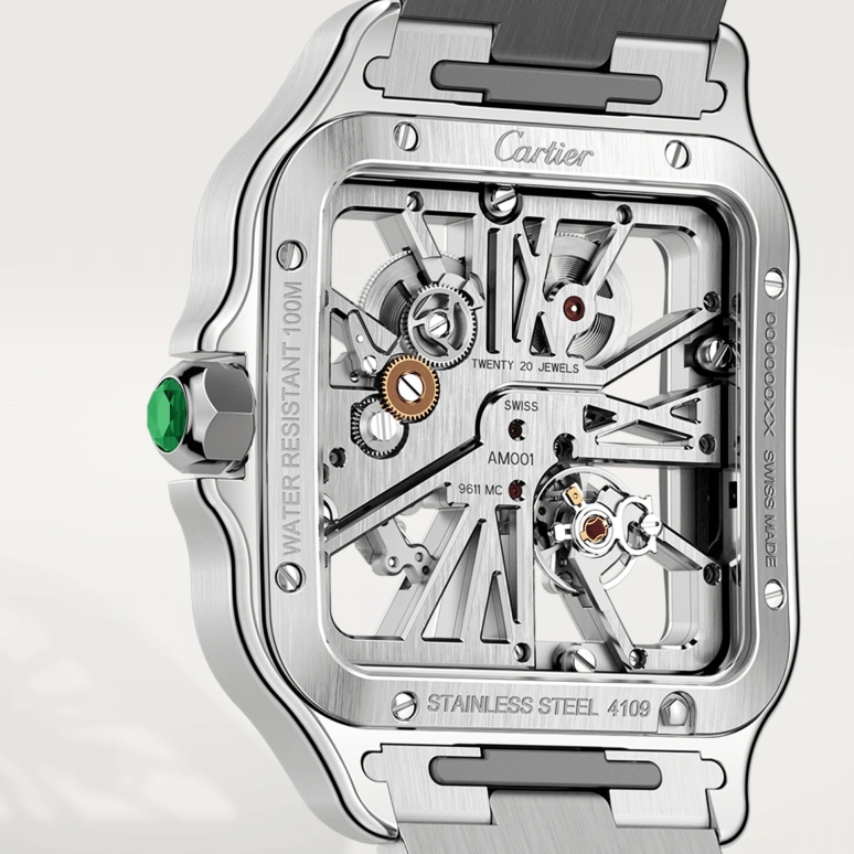 Cartier,Santos de Cartier 39.80mm,39.80mm,Stainless Steel,Silver,Green,Handwound,72hours,In-house Caliber,WHSA0028