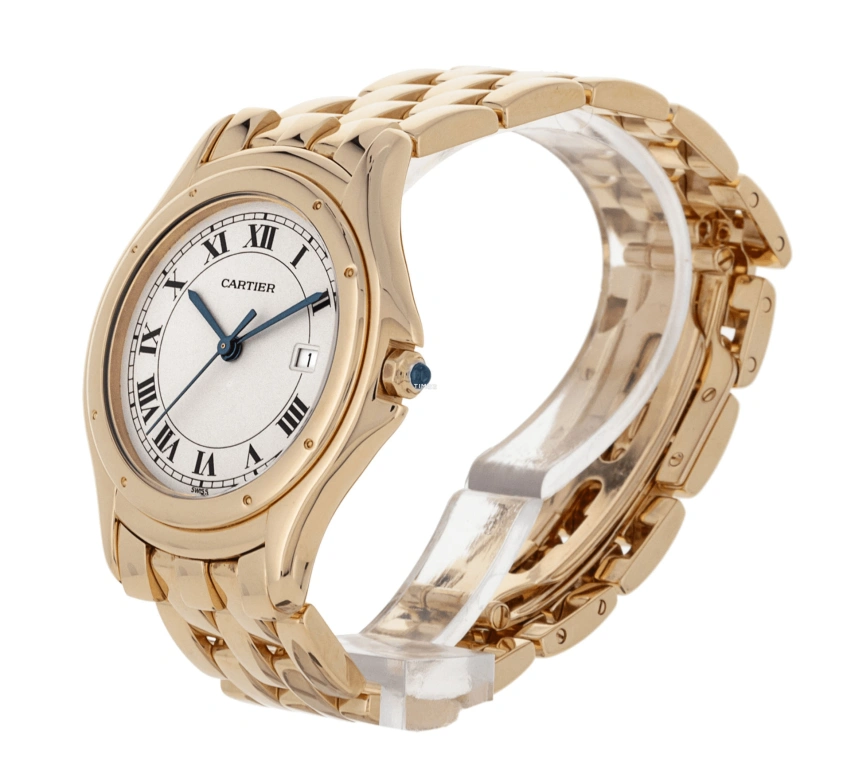 Cartier,Other 33mm,33mm,Yellow Gold,Silver,Grey,Quartz,Day,Sapphire,Crystal Glass,W25013B9