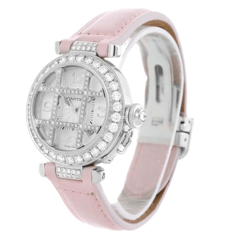 Cartier,Pasha de Cartier 32mm,32mm,White Gold,Silver,Automatic,Day,Sapphire,Crystal Glass,WJ116136