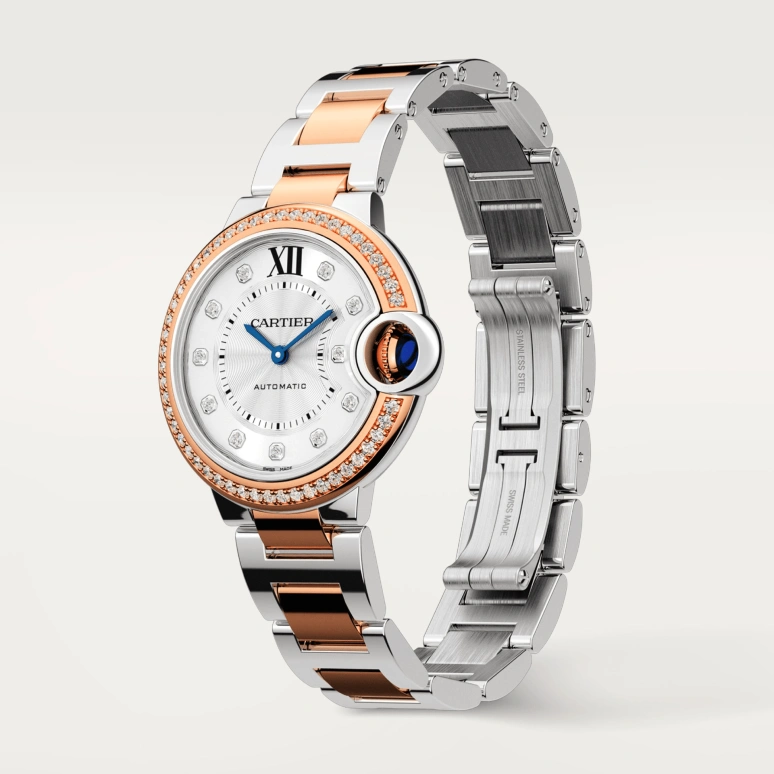 Cartier,Ballon Bleu de Cartier 33mm,33mm,Stainless Steel,Rose Gold,Silver,Automatic,In-house Caliber,Sapphire,Crystal Glass,W3BB0023