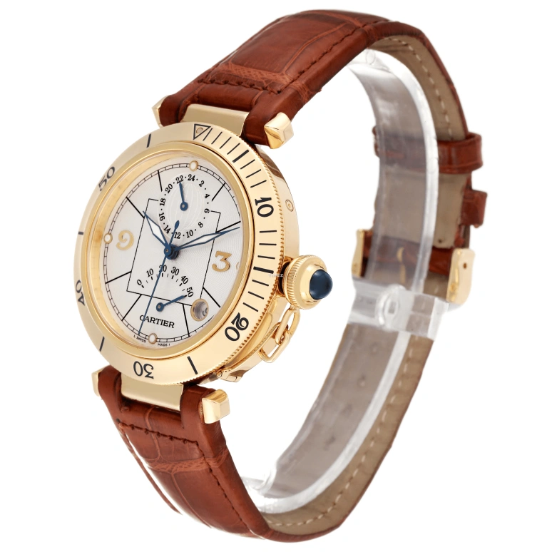 Cartier,Pasha de Cartier 38mm,38mm,Yellow Gold,Silver,Automatic,Day,Sapphire,Crystal Glass,W30144D1