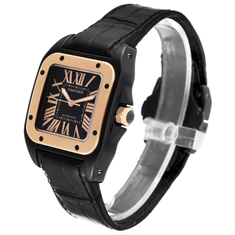 Cartier,Santos de Cartier 38mm,38mm,Rose Gold,Stainless Steel,Black,Automatic,42hours,In-house Caliber,W2020009