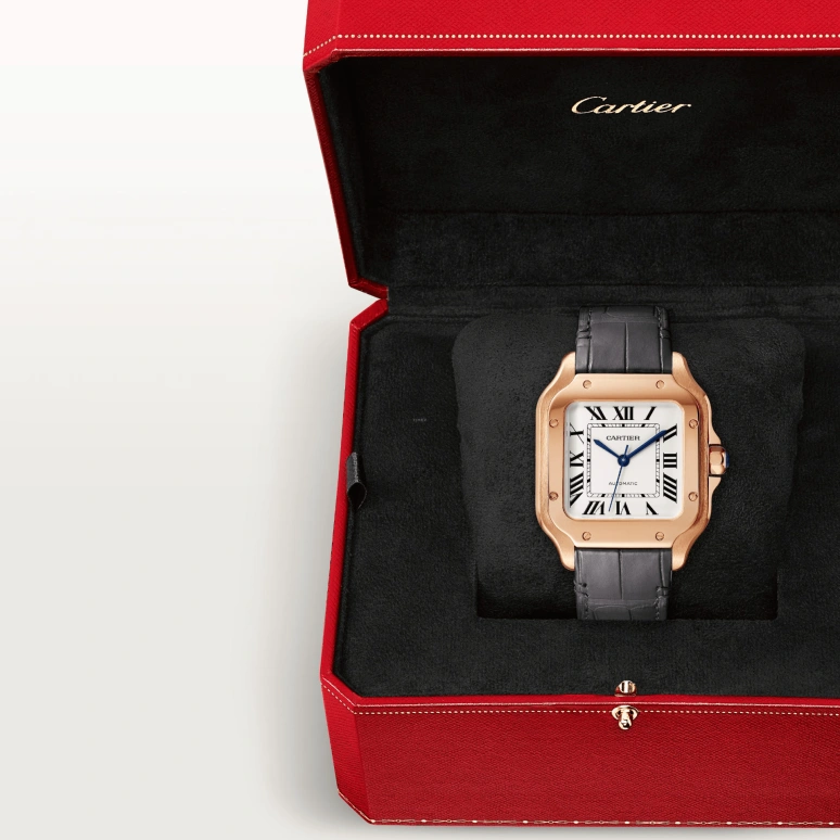Cartier,Santos de Cartier 35.10mm,35.10mm,Rose Gold,Silver,Automatic,42hours,In-house Caliber,WGSA0028