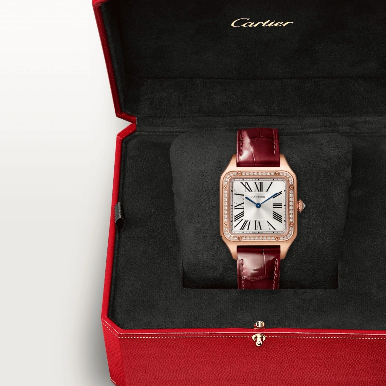 Cartier,Santos de Cartier 43.50x31.40mm,43.50x31.40mm,Rose Gold,Silver,Quartz,Sapphire,Crystal Glass,Square,WJSA0016