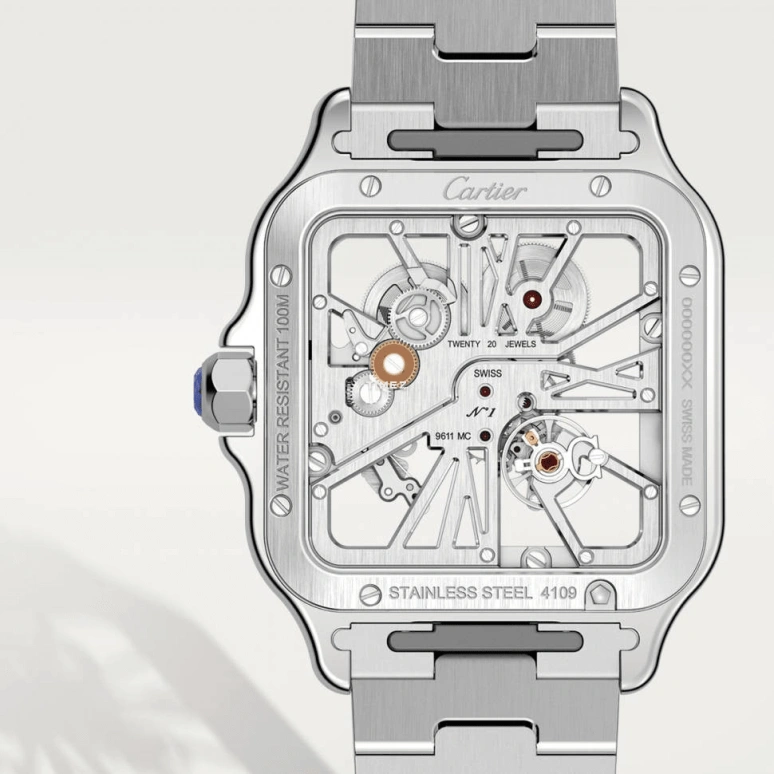 Cartier,Santos de Cartier 39.80mm,39.80mm,Stainless Steel,Skeleton,Handwound,Sapphire,Crystal Glass,Square,WHSA0013