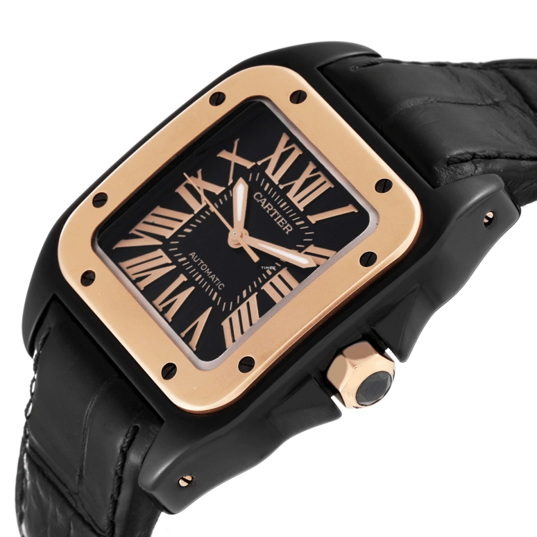 Cartier,Santos de Cartier 38mm,38mm,Rose Gold,Stainless Steel,Black,Automatic,42hours,In-house Caliber,W2020009
