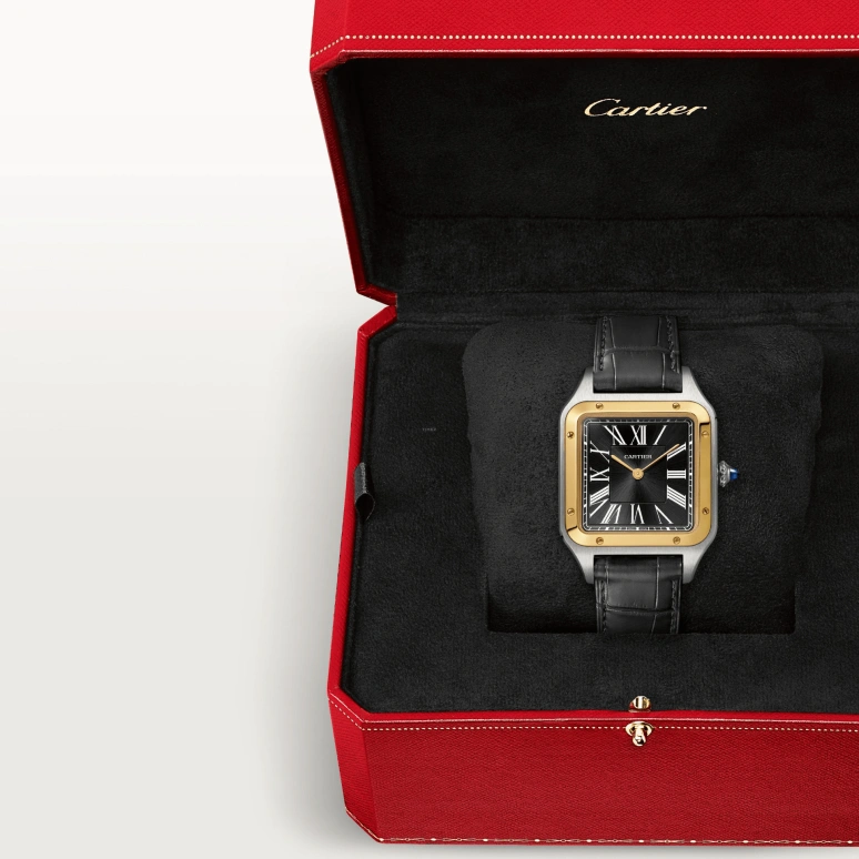 Cartier,Santos de Cartier 43.50x31.40mm,43.50x31.40mm,Stainless Steel,Yellow Gold,Grey,Handwound,36hours,In-house Caliber,W2SA0015