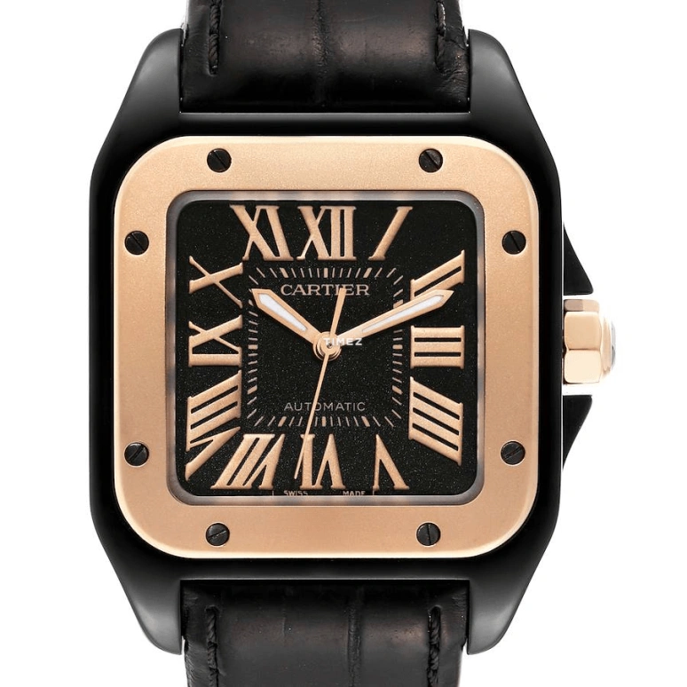 Cartier,Santos de Cartier 38mm,38mm,Rose Gold,Stainless Steel,Black,Automatic,42hours,In-house Caliber,W2020009
