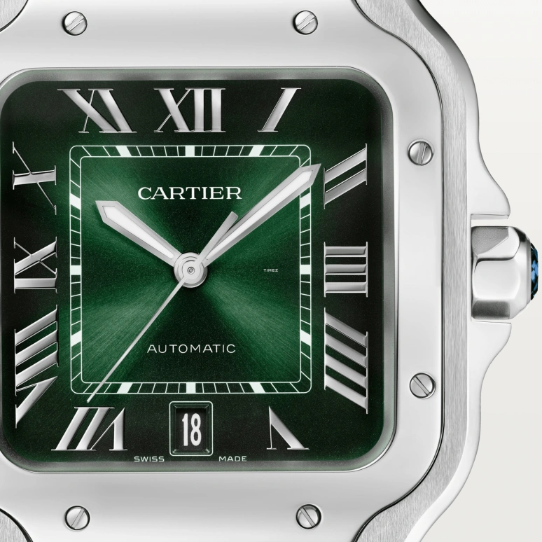 Cartier,Santos de Cartier 39.80mm,39.80mm,Stainless Steel,Gradient,Green,Automatic,Day,Sapphire,Crystal Glass,WSSA0062