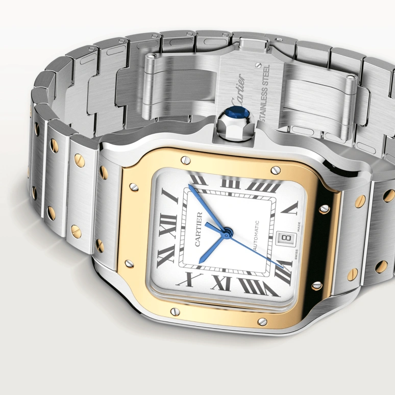 Cartier,Santos de Cartier 39.80mm,39.80mm,Stainless Steel,Yellow Gold,Silver,Automatic,Day,42hours,W2SA0009