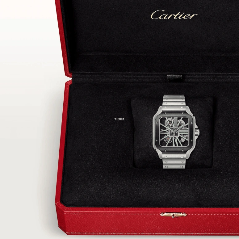 Cartier,Santos de Cartier 39.80mm,39.80mm,Stainless Steel,Skeleton,Handwound,Sapphire,Crystal Glass,Square,WHSA0033
