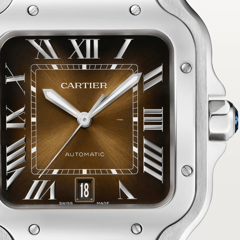 Cartier,Santos de Cartier 35.10mm,35.10mm,Stainless Steel,Brown,Gradient,Automatic,Day,Sapphire,Crystal Glass,WSSA0065