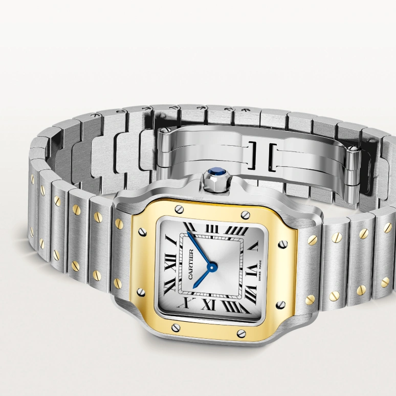 Cartier,Santos de Cartier 34.50x27mm,34.50x27mm,Stainless Steel,Yellow Gold,Silver,Quartz,Sapphire,Crystal Glass,Square,W2SA0033