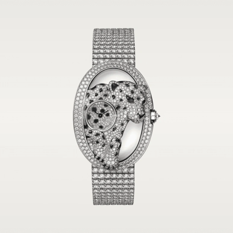 Cartier,Panthère de Cartier 32.50x44.50mm,32.50x44.50mm,White Gold,White,Handwound,In-house Caliber,Sapphire,Crystal Glass,HPI00763