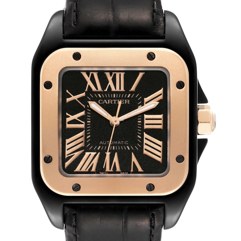 Cartier,Santos de Cartier 38mm,38mm,Rose Gold,Stainless Steel,Black,Automatic,42hours,In-house Caliber,W2020009