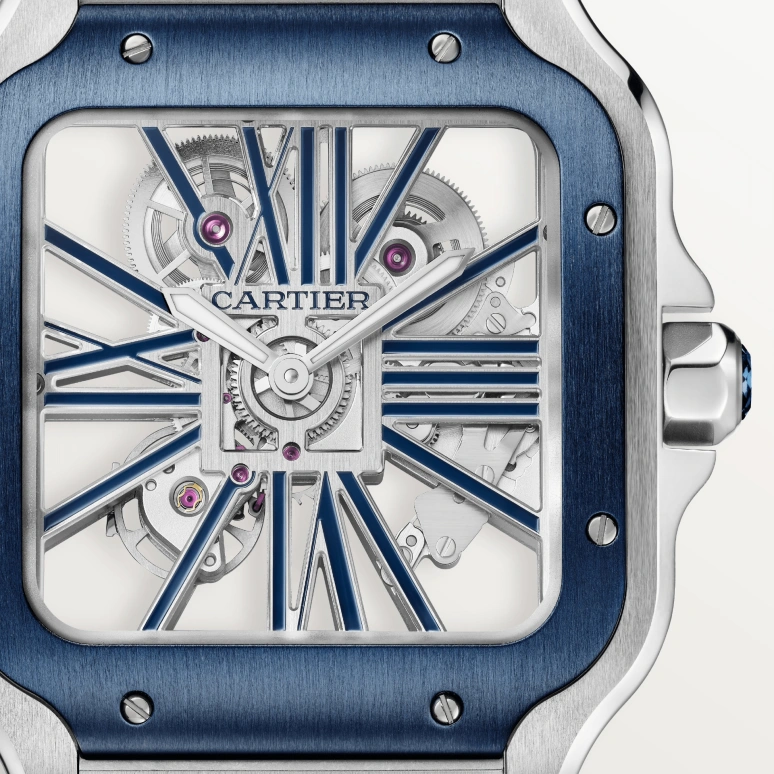 Cartier,Santos de Cartier 39.80mm,39.80mm,Stainless Steel,Silver,Blue,Handwound,Sapphire,Crystal Glass,Square,WHSA0026