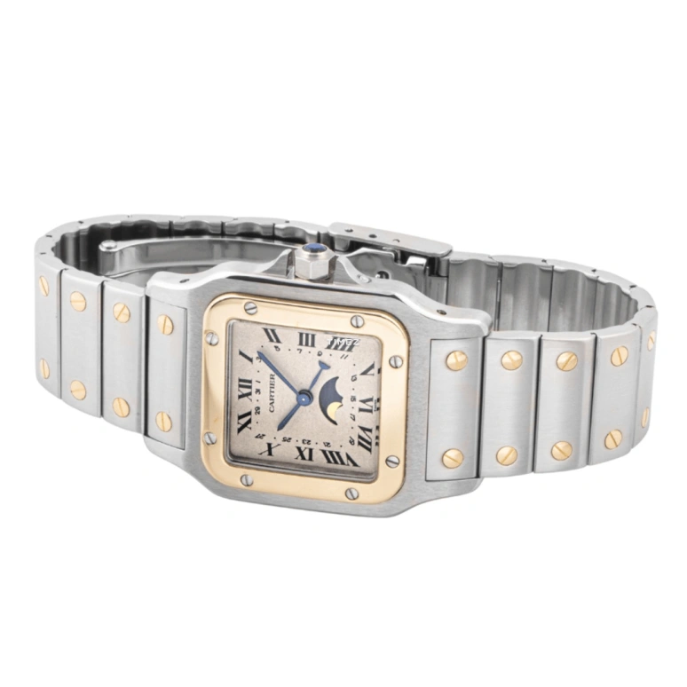 Cartier,Santos de Cartier 29mm,29mm,Stainless Steel,Champagne,Quartz,Moonphase,Day,W20007C4