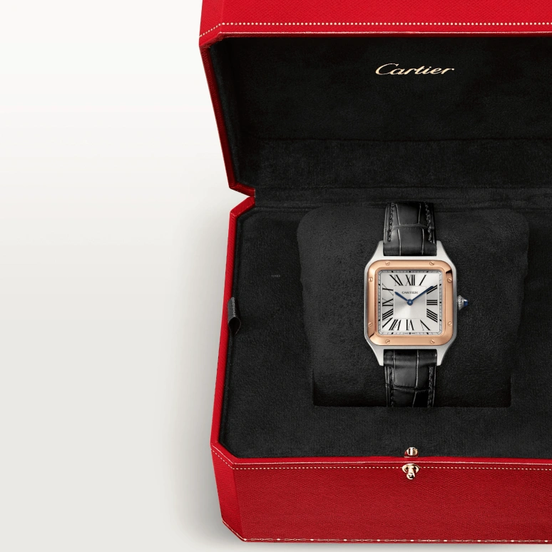 Cartier,Santos de Cartier 38x27.50mm,38x27.50mm,Stainless Steel,Rose Gold,Silver,Quartz,Sapphire,Crystal Glass,Square,W2SA0012
