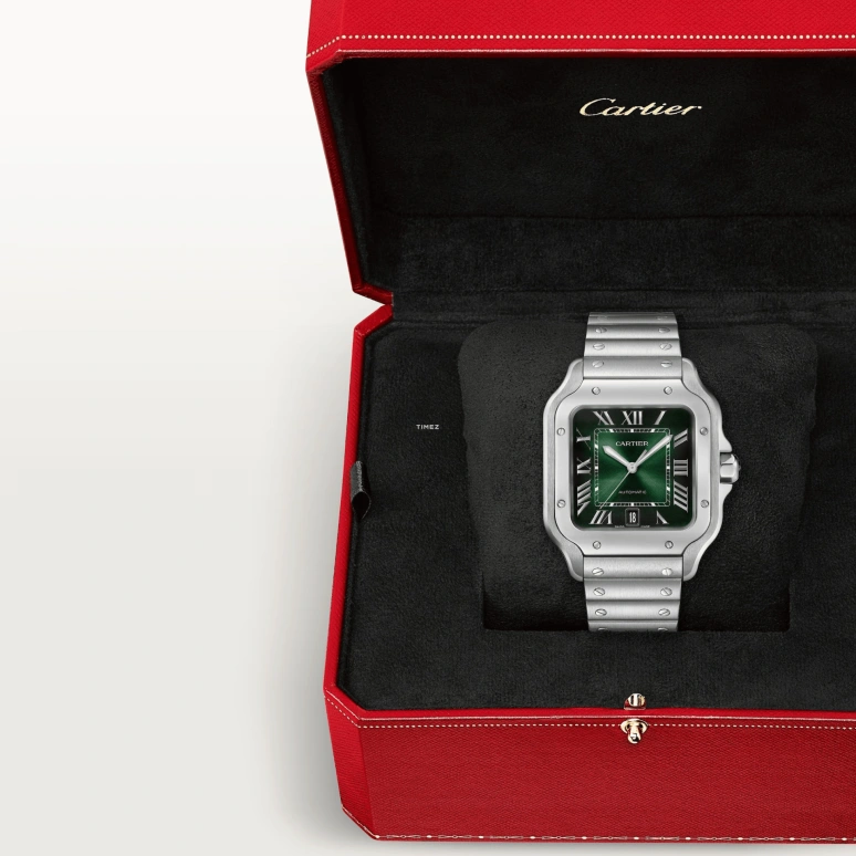 Cartier,Santos de Cartier 39.80mm,39.80mm,Stainless Steel,Gradient,Green,Automatic,Day,Sapphire,Crystal Glass,WSSA0062
