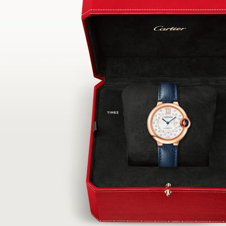 Cartier,Ballon Bleu de Cartier 33mm,33mm,Rose Gold,Silver,Automatic,Sapphire,Crystal Glass,Round,WGBB0056